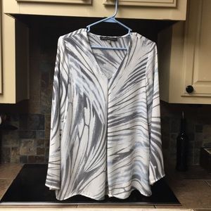 Grey white and light blue long sleeve blouse